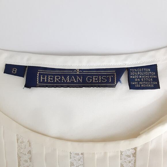 Vintage 80s Sheer Lace Button Up Shirt Tuxedo Pleated Cream Short Sleeve Retro - Picture 6 of 10